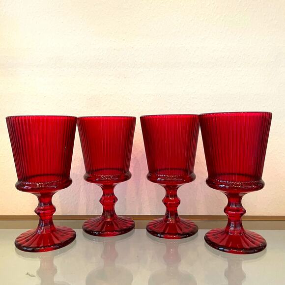 Set of 4 Ruby Red Water Goblets 8in Holiday Wine Glasses NEW - Picture 1 of 10